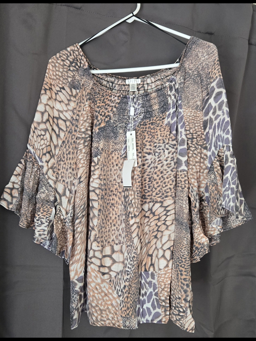 Spense Brown and Taupe Animal Print Ruffled Sleeve Tunic